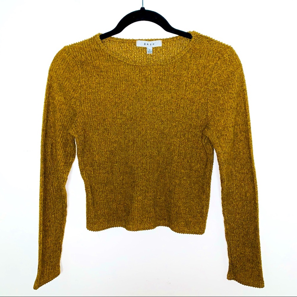 *4 for $25* Gaze Brown Ribbed Cropped Crew Neck Long Sleeve Top Women's Small